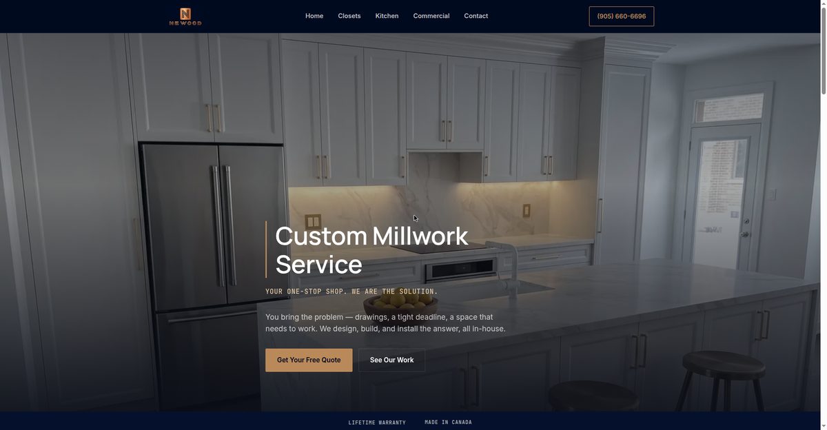 Newood Millwork website homepage, designed and built by York Region Web Studio